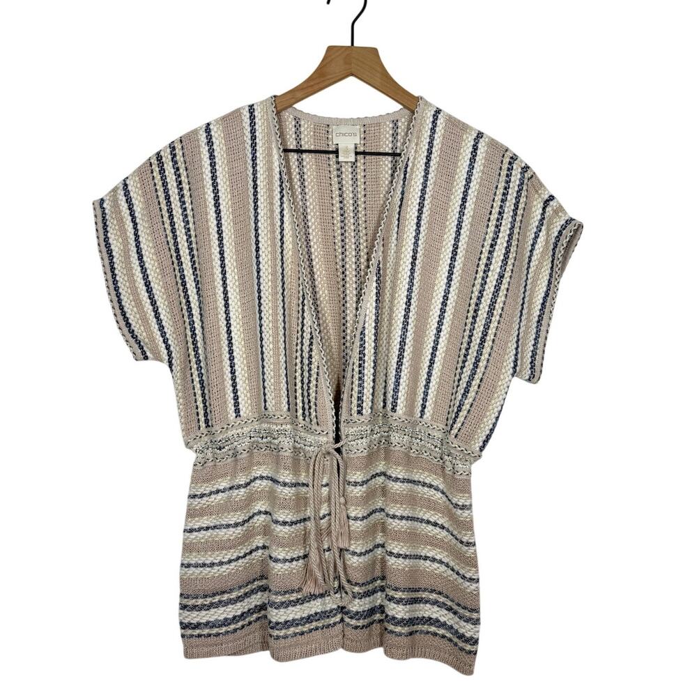 Chico's Cardigan Sweater Size 3(XL) Tan Striped Knit Crochet Style Boho Metallic